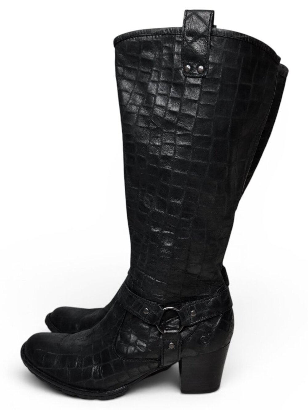 Born Distressed Croc Embossed Leather Harness Boots Womens Moto Block Heel 7 - Picture 3 of 14